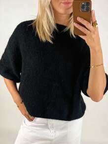 Women's Spring Autumn Knit Sweaters Half Sleeve O Neck Solid Color Casual Knitwear - Black - View 2