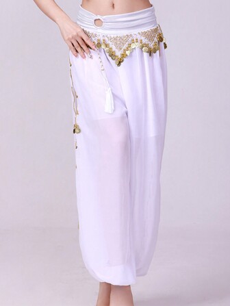 Women Belly Dance Harem Pants Halloween Carnival Costume Sequin Tassel Trouser Arabic Dance Performance Loose Pants