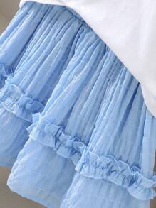 年轻女孩春夏 3D 刺绣盖袖上衣和网眼裙 2 件套，休闲 - 藍色 - 查看 5