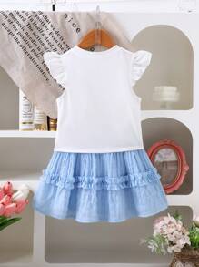 年轻女孩春夏 3D 刺绣盖袖上衣和网眼裙 2 件套，休闲 - 藍色 - 查看 2