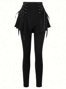 Plus Size Women's Asymmetrical Hem Black Skirt With Waist Drawstring, Suitable For Pairing With Leggings And Pants, Mother's Day Gift