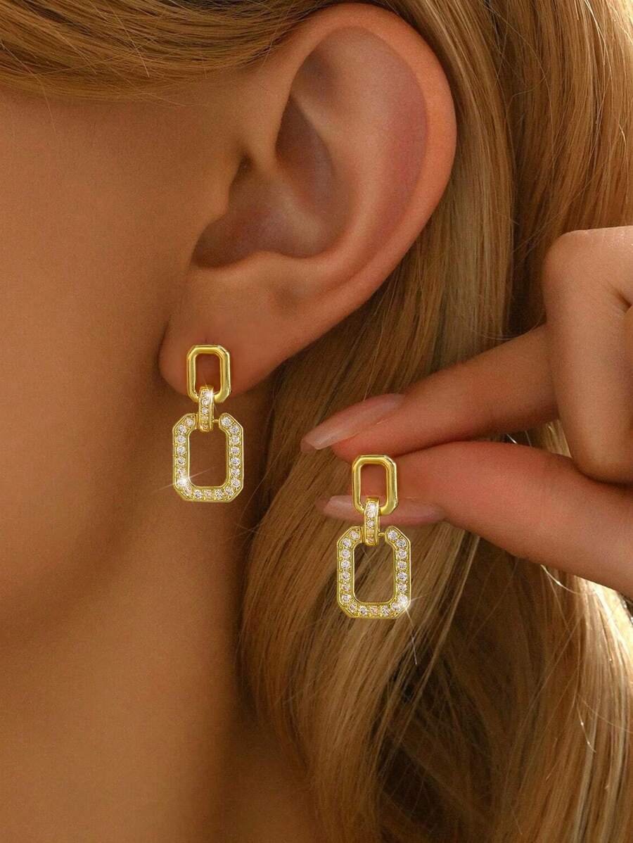 1对几何耳环，女士首饰，S925纯银锆石精致耳环，精美首饰，适合作为送给女朋友的礼物 - 方形耳環 - 查看 1