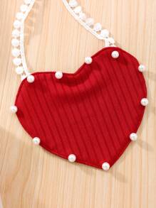 Young Girl Solid Color Ribbed Short Sleeve Top + Heart Mesh Skirt 2 Pieces Set Heart Crossbody Bag, Summer - Red - View 9
