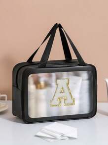 1 pièce Grand sac de toilette transparent de voyage à grande capacité, sac de maquillage portatif dépoli et imperméable, sac de lavage multifonctionnel avec 26 lettres à bord doré pour une combinaison libre, indispensable pour croisière, plage, vacances, salle de bain, camp d'été, décoration de salle de bain, organisateur de maquillage, accessoires de salle de bain, rentrée scolaire