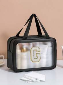 1 pièce Grand sac de toilette transparent de voyage à grande capacité, sac de maquillage portatif dépoli et imperméable, sac de lavage multifonctionnel avec 26 lettres à bord doré pour une combinaison libre, indispensable pour croisière, plage, vacances, salle de bain, camp d'été, décoration de salle de bain, organisateur de maquillage, accessoires de salle de bain, rentrée scolaire