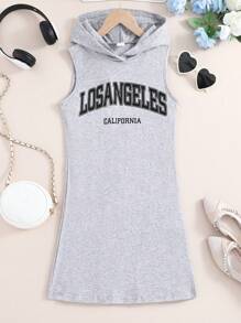 女童休闲运动印花无袖连帽连衣裙，夏季