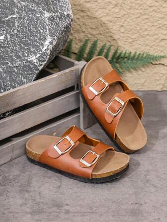 Kids' Flat Double Buckle Sandals, Comfortable & Lightweight Casual Open Toe Beach Slip-On Slippers