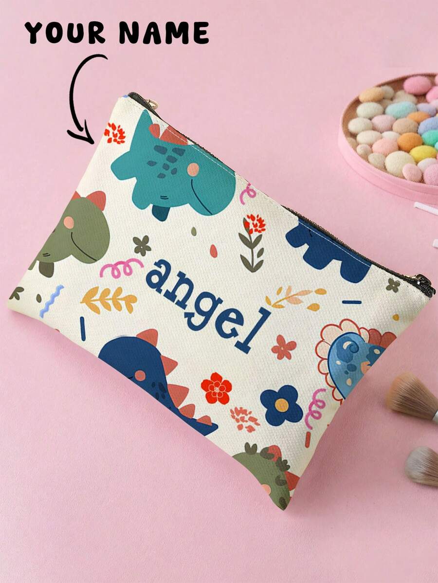 1pc Customizable Cute Dinosaur Print Double-Sided Travel Makeup Cosmetic Bag, Zipper Pouch, Wallet, Storage Bag - Excellent For Teenager Skincare Storage, Customized According To Your Name