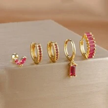 Conjunto de 5 piezas de pendientes con aro en cascada con colgante cuadrado enchapado en oro de 18K, para mujer. Incluye pendientes de cartílago con cubic zirconia rosa, de cobre y acero inoxidable