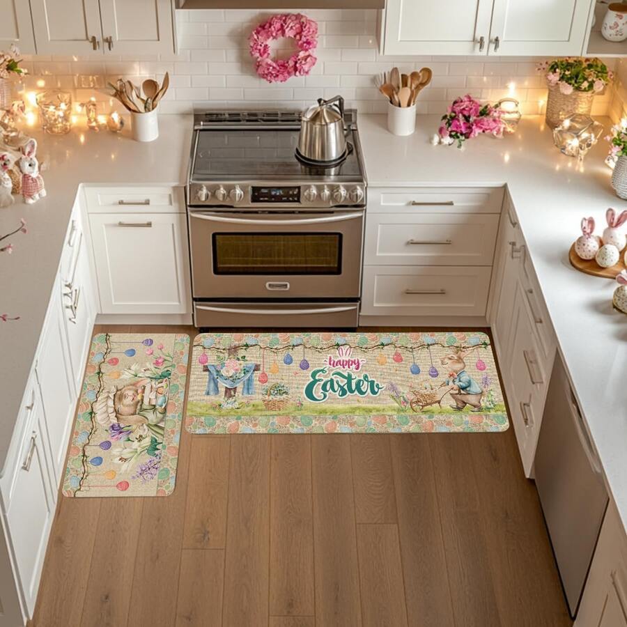 1/2 Piece Easter Kitchen Mat - Farmhouse Egg Design, Happy Easter Bunny Holiday Non-Slip Rug, Home Easter Decor, Suitable For Kitchen, Dining Room, Bedroom, Living Room, Holiday, Party, Gift - Multicolor - View 1