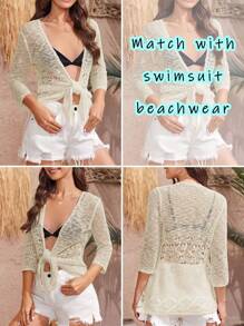 Womens Sheer Crochet Knit 3/4 Sleeve Tie Bolero Jacket Shrug Sweaters - Open Front Tops - Màu be - Xem 4