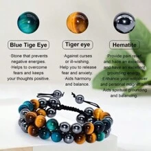 8mm Triple Protection Bracelet Obsidian Tiger Eye Hematite Healing Crystal Bracelets Jewelry Gift