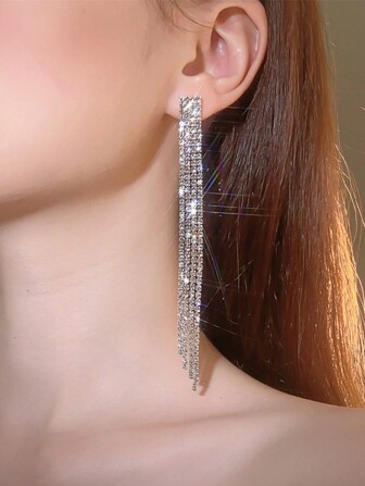 Tassel Rhinestone Long Clip Earrings For Women Luxury Shiny Bridal No Hole Earrings Wedding Jewelry Gift