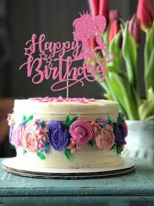 2 件粉色公主生日快乐蛋糕装饰 - 公主生日闪光蛋糕装饰 - 公主主题生日婚礼派对蛋糕装饰（粉色） - 粉色 - 查看 7