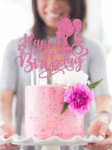 2 件粉色公主生日快乐蛋糕装饰 - 公主生日闪光蛋糕装饰 - 公主主题生日婚礼派对蛋糕装饰（粉色） - 粉色 - 查看 3