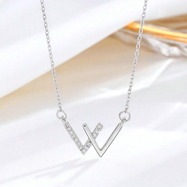 1 Stück 925 Sterling Silber Mode CZ besetzter Buchstabe "W" Anhänger Halskette, minimalistischer Choker-Stil geeignet für Frauen, Party-Tragen