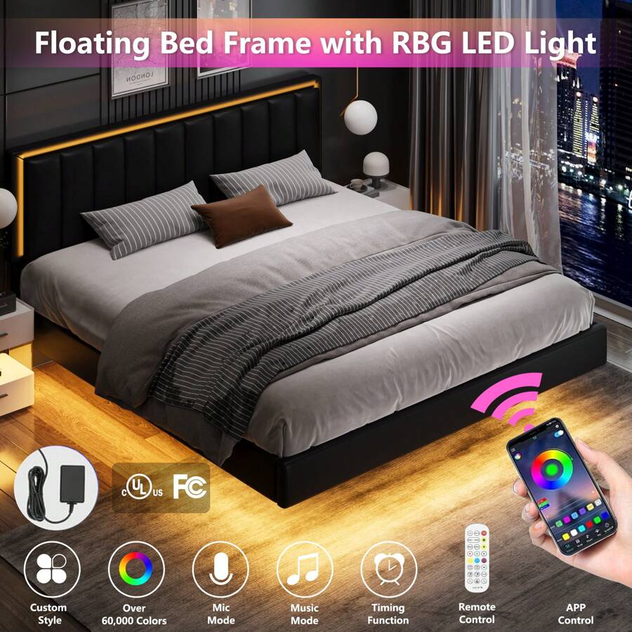 Floating Bed Frame With LED Light, Upholstered Platform Bed With PU Leather, Noise-Free, Easy Assembly, Full/ Queen/ King, Black/ White ( USB LED Strip) - 黑色 - 查看 1