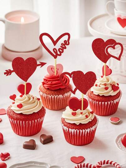 12pcs Shiny Mother's Day Red/Pink Cake Toppers, For Birthday, Anniversary, Wedding Proposal, Party Decorations