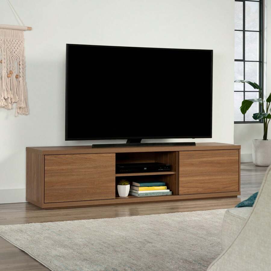 Mainstays Westley Sliding Door TV Stand For TVs Up To 75", Warm Walnut Finish