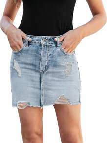 Women's Straight Leg Denim Skirt With Holes, Hemp And Pockets, Summer Non Elastic, Casual, Fashionable And Versatile Women's Denim Skirt - Rửa nhẹ - Xem 1