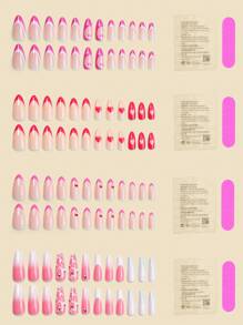 4 包（96 件）中长杏仁按压指甲套装（包括指甲锉和果冻胶）法式渐变心形、3D 水钻全覆盖假指甲，具有极简主义和浪漫风格的假指甲，适合女士女孩在情人节佩戴 - 彩色 - 查看 3