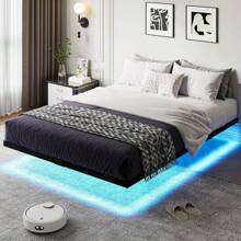 Floating Bed Frame With LED Light, LED Metal Platform Bed Frame With Heavy Duty Steel Slats, No Box Spring Needed, Easy To Assemble, Full/ Queen/ King, Black ( USB LED Strip)