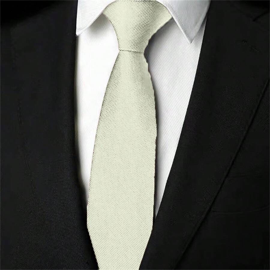 Slim Plain Twill Social Tie With Fine Lines - Beige - View 1