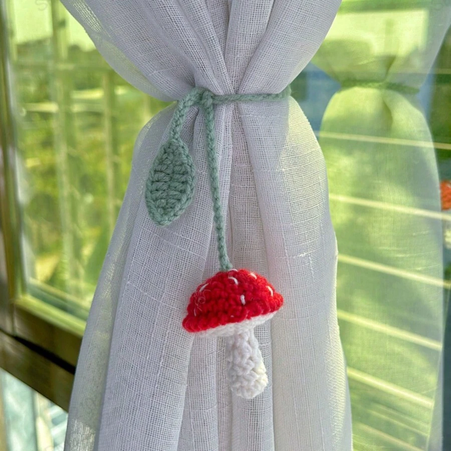 2pcs Handmade Red Mushroom Curtain Tieback Pendant,Vintage Crochet Doilies,Creative Sunflower Car Rearview Mirror Pendant, Fashion Accessory - View 1