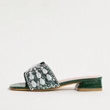 Fashionable New Women's Sandals, Strap Wide Toe Faux Pearl & Rhinestone Decor, Sexy Open Toe, Versatile Casual Low Heel Sandals For Summer - Green - View 3