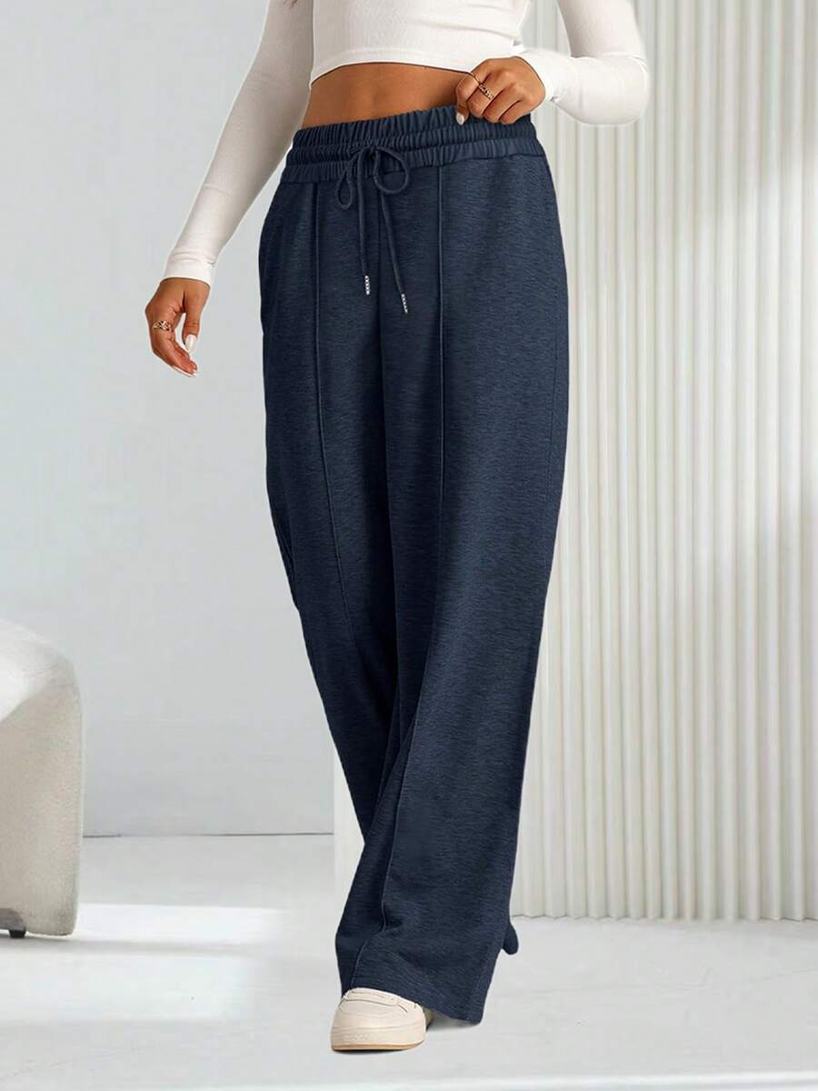 Women's Drawstring Stretch Low-Rise Jogging Sweatpants Casual Oversized Wide Leg Pants With Pockets - 藏蓝色 - 查看 1