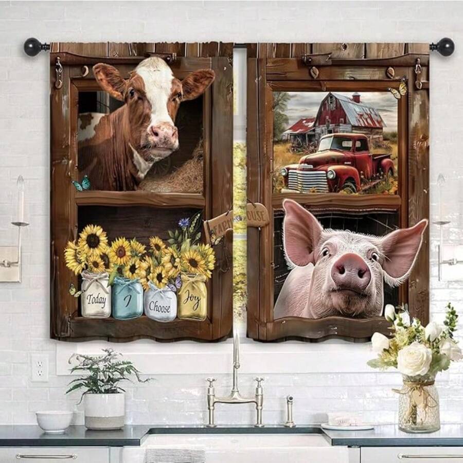 2 Panel 28"X40" Rustic Farmhouse Kitchen Curtains Cow Pig Country Vintage Animal Farm Sunflower Truck Rod Pocket Short Cafe Small Window Treatment Drapes Decor