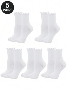 5 Pairs Women White Novelty Cute Ruffled Frilly Ankle Crew Socks - White - View 1