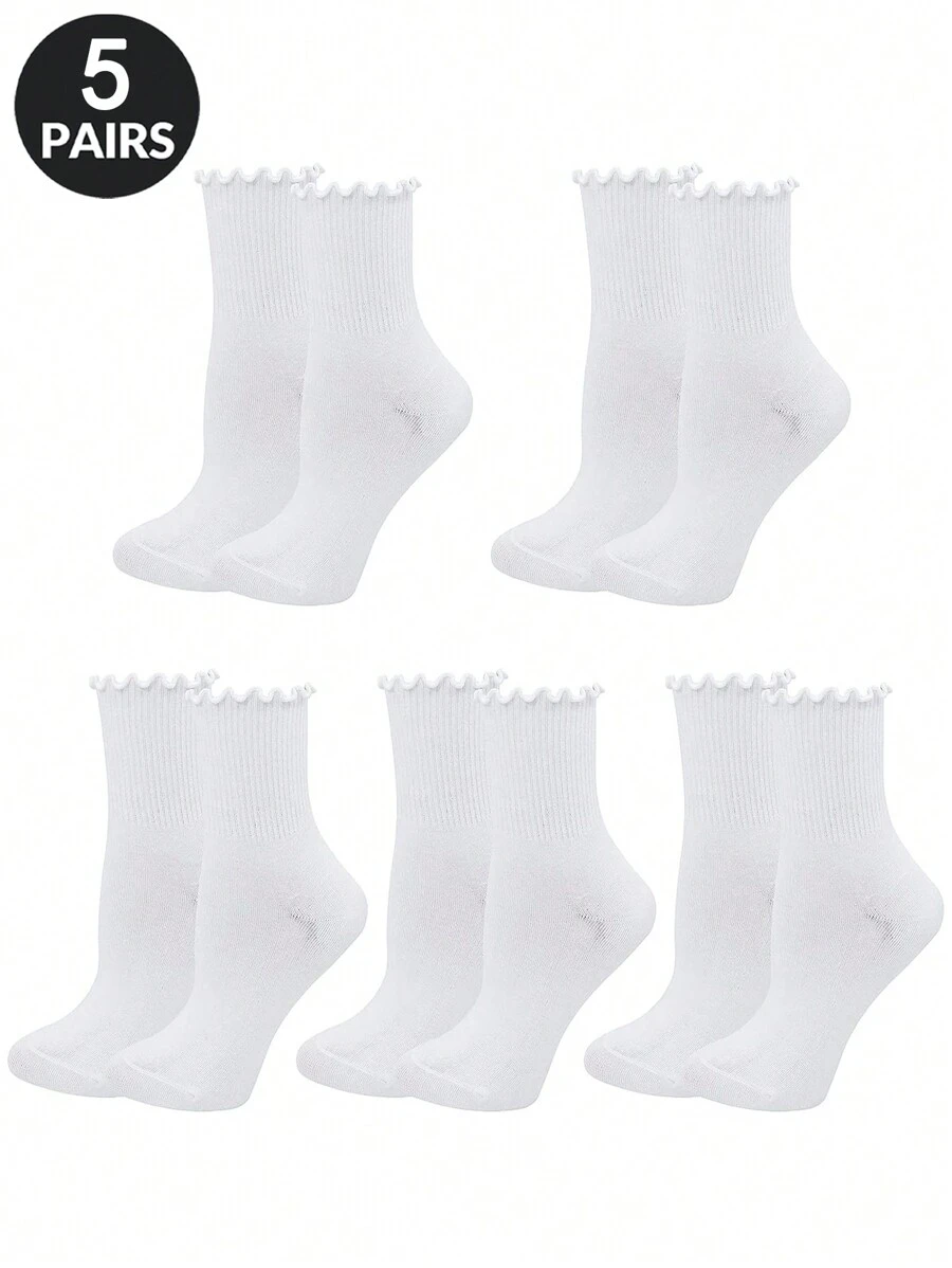 5 Pairs Women White Novelty Cute Ruffled Frilly Ankle Crew Socks - White - View 1