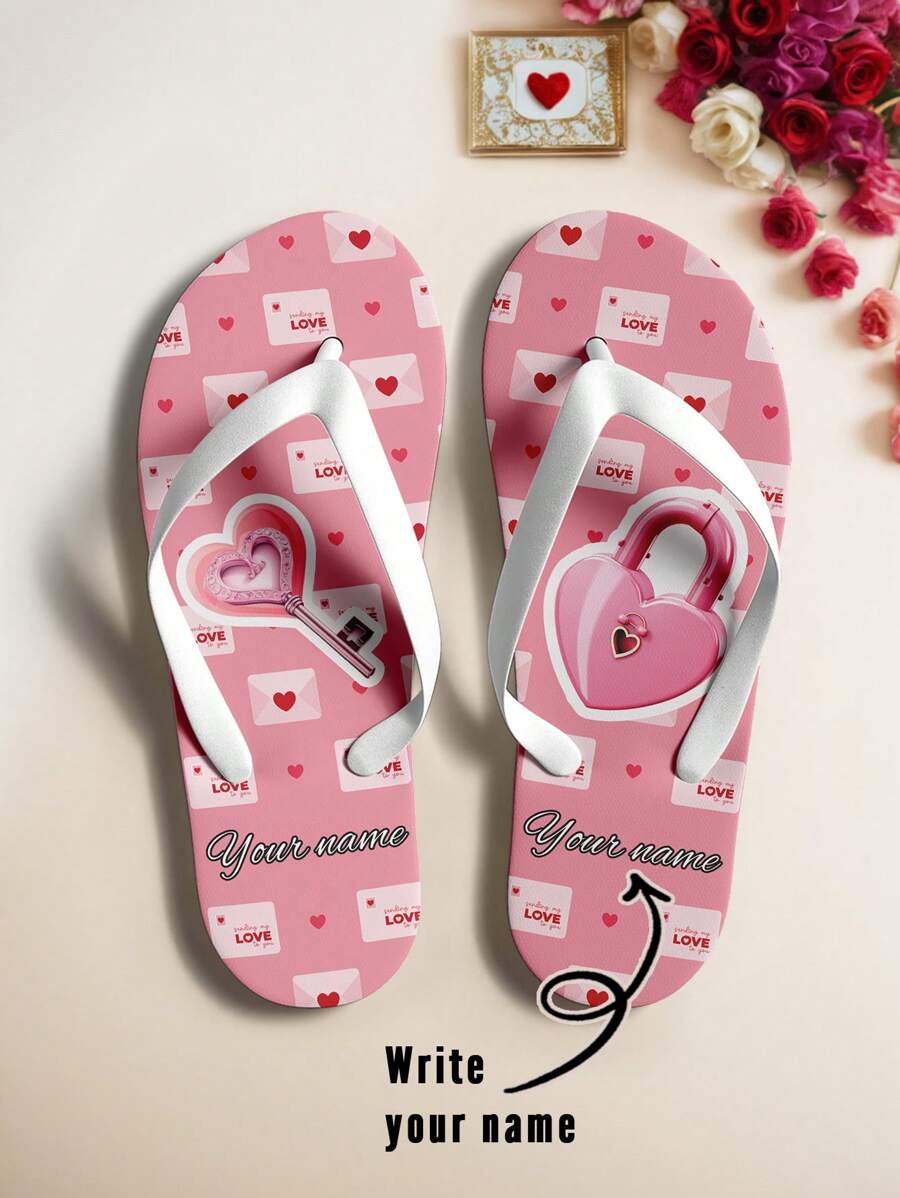 Customized Flip Flops For Couples, Personalized Name Design With Lock & Heart Patterns, Romantic Valentine's Day Gift, Customize His & Hers Sandals For Anniversaries, Birthdays, Honeymoons, Unique Couple Matching Shoes