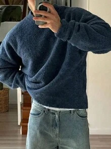 Autumn/Winter Warm European/American/Korean Loose Casual Solid Color Street-Style Unisex Knit Pullover Sweater, Unique Design, Relaxed Fit Round Neck Fluffy - Blue - View 3