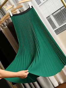 New Arrival Spring/Summer High Waist Pleated Skirt, Mid-Length A-Line Skirt, Retro French Style, Versatile For Commute, Dating, Daily Wear, Suitable For Multiple Occasions, Displaying Approachable Charm, Fashionable, Elegant Resort Wear, Party, Beach Skirt, Valentine's Day - Dark Green - View 2