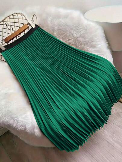 Big New Products For Autumn And Spring Green High-Waisted Pleated Skirt Draped And Slimming Mid-Length A-Line Skirt French Retro Style Commuting And Dating Daily Wear For Multiple Scenes Versatile And Friendly Temperament Fashionable Women's Skirt