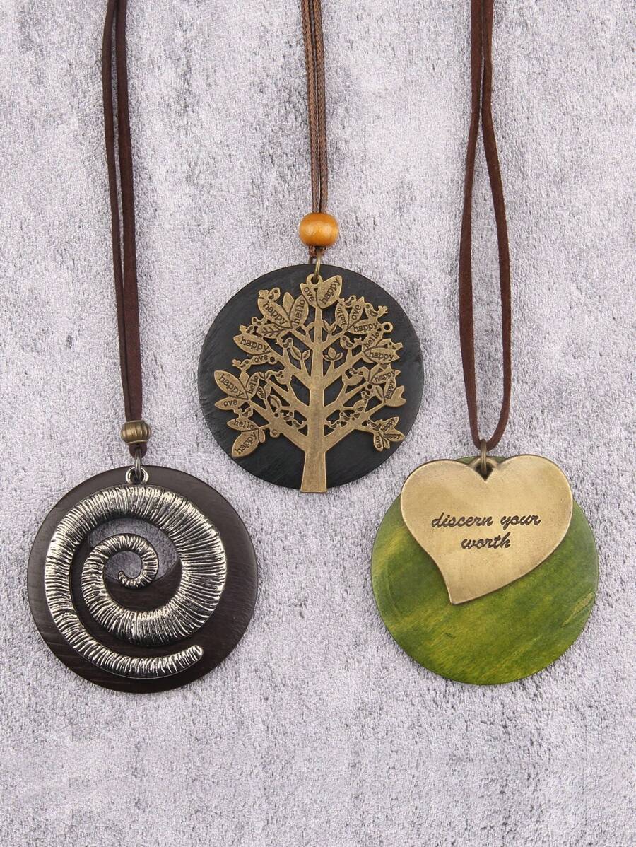 1 Set Of 3pcs Wooden Bead Necklaces, Including Creative Vintage Christmas Tree, Distressed Spiral Metal, And Retro Letter & Crooked Heart Alloy Pendant Necklaces, Unisex Sweater Chain, Gift For Friends And Family - Round Wooden Sign - View 1