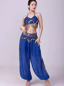Adult Shiny Sequin Belly Dance Costume, Women's Shiny Chiffon Top (With Built-In Padding, Non-Removable) And Pants Set, Women's Oriental Belly Dance Arabian Princess Costume Set - Multicolor - View 17