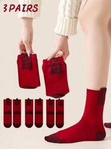 3 双女士幸运红色袜子，适合 2025 年蛇年，新年礼物，节日情侣及膝袜，秋冬 - 紅色 - 查看 1