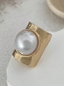 1 件不对称夸张多元素复古优雅时尚魅力合金镀金超大戒指配人造珍珠镶嵌，女士日常装饰珠宝，派对礼物
