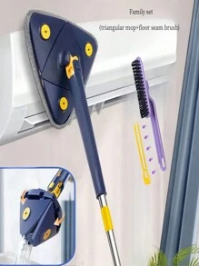Juego familiar: 1 Fregona + 1 Cepillo para juntas del suelo, Fregona triangular giratoria de acero inoxidable para lavado a mano, Herramienta de limpieza para techos, Fregona de uso en seco y húmedo que se retrae sola, Adecuado para limpiar techos, baños, suelos, mármol, baldosas, cristal y paredes. Regalo para el Día de la Madre