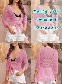 Womens Sheer Crochet Knit 3/4 Sleeve Tie Bolero Jacket Shrug Sweaters - Open Front Tops - Hồng - Xem 4