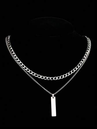 2 pièces/set Collier multicouche pour homme avec pendentif rectangle simple, chaîne de clavicule, cadeau de Noël, Nouvel An, Saint-Valentin, vacances