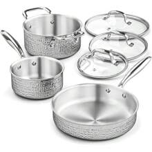 AuFranc® Stainless Steel Hammered Pots And Pans Set With Glass Lid, 6pcs Cookware Set, Kitchen Induction Cooking Pot And Pan Set Suitable For All Cooktops, Oven & Dishwasher Safe,  (Silver) - 錘擊6件 - 查看 2