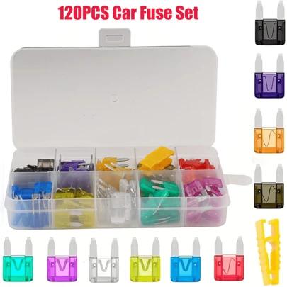 120 st/kartong AL små fordonssäkringar 2A/3A/5A/7.5A/10A/15A/20A/25A/30A/35A, 12 st av varje storlek + 10 platser säkringstesthållare