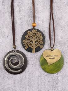 1 Set Of 3pcs Wooden Bead Necklaces, Including Creative Vintage Christmas Tree, Distressed Spiral Metal, And Retro Letter & Crooked Heart Alloy Pendant Necklaces, Unisex Sweater Chain, Gift For Friends And Family - Round Wooden Sign - View 11