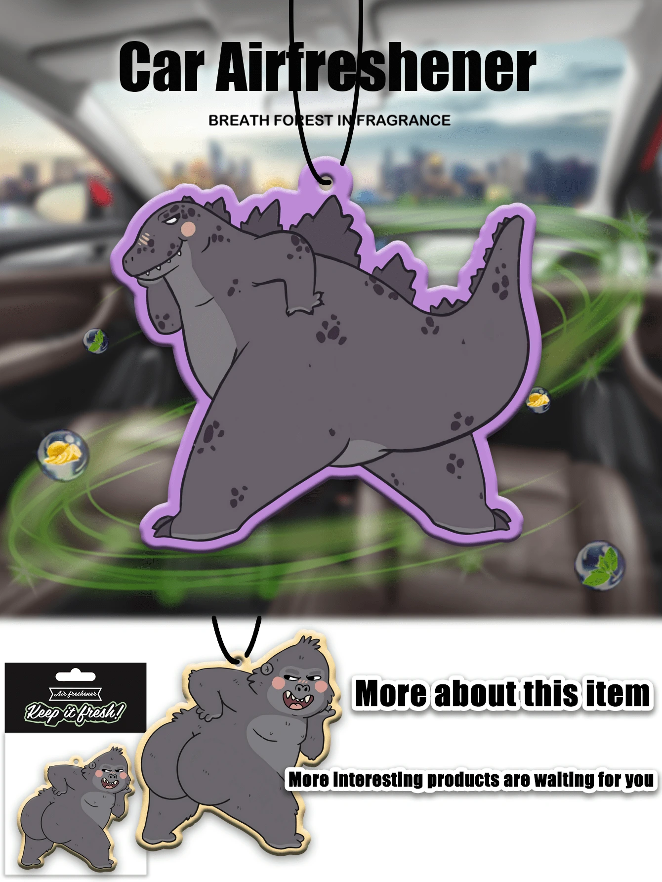 可爱卡通形象“金刚和”设计汽车空气清新剂和后视镜装饰 - 持久香味，为车内带来清新诱人的氛围，是送给朋友的理想礼物