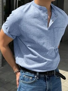 Men's Front Button Pocket Casual Comfortable T-Shirt - Blue - View 6