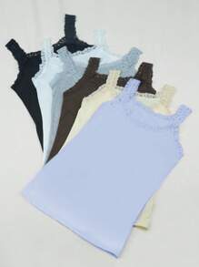 6 件套女士纯色蕾丝边装饰圆领无袖吊带背心拼布背心